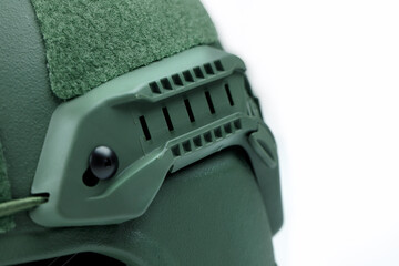 Green details military helmet a white background
