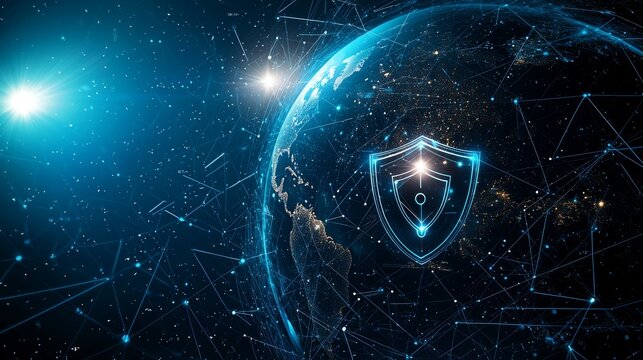 Instituting cyber security, digital, internet, networking, network security, business ideas, cyber network connection, data centers, and technology concepts through the use of virtual global world