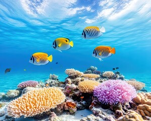 Fototapeta premium Vibrant underwater scene featuring colorful coral reefs and exotic fish, showcasing the beauty of marine life and ocean ecosystems.