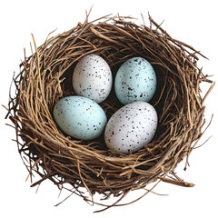 Obraz premium Beautiful nest containing four speckled eggs, perfect for springtime themes and nature projects.