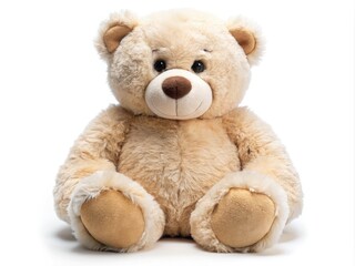 Obraz premium Adorable, oversized plush bear with soft, fluffy fur and a sweet facial expression, sitting comfortably on a white background, exuding warmth and cuddliness.