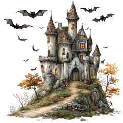 Obraz premium Enchanting castle surrounded by bats and autumn scenery, perfect for Halloween or fantasy-themed projects.