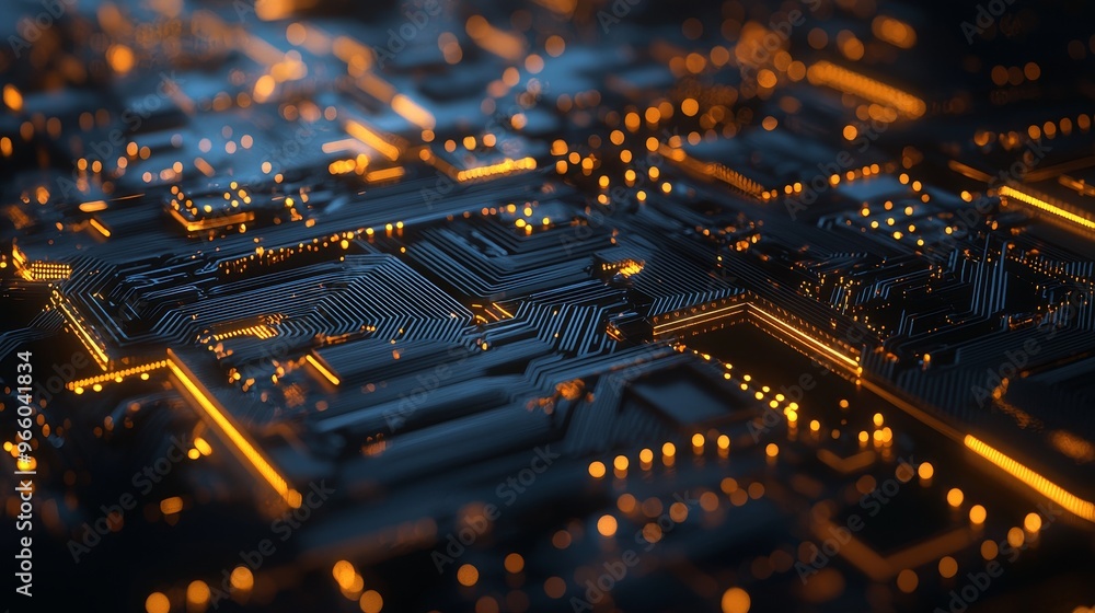 Poster abstract cyber tech database system server science abstract floor circuit yellow blue light.