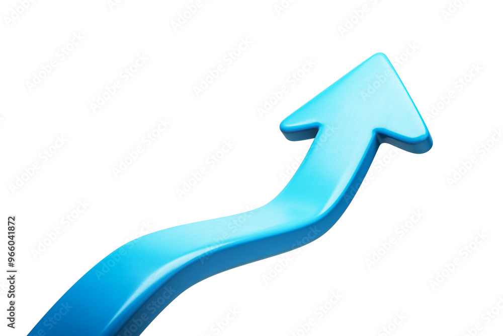Poster Blue curved arrow pointing upward, isolated on a clean white background. Concept of growth or progress. 3D Rendering