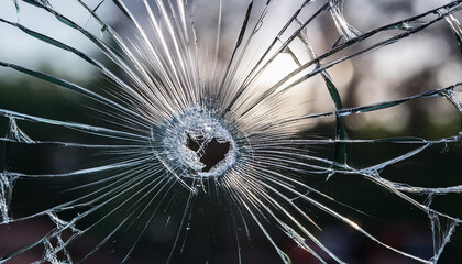 Damaged window. Cracked glass with hole.