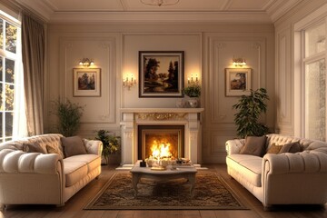 Fototapeta premium Luxurious Living Room Interior with Elegant Furnishings and Fireplace Design