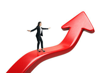 Businesswoman balancing on a red upward arrow, isolated on a white background, symbolizing growth...