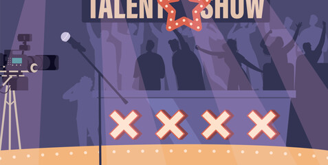 Vibrant Talent Show Stage Illuminated With Lights And Spotlights. Stage Is Set With A Microphone And Performance Space