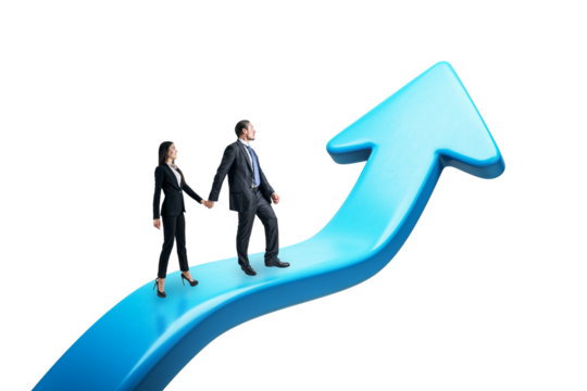 A business man and woman walking on a large blue arrow pointing upwards on a white background. Concept of growth and success