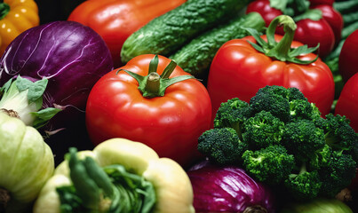 A colorful assortment of fresh vegetables, including tomatoes, cucumbers, broccoli, and red cabbage, are arranged on a countertop