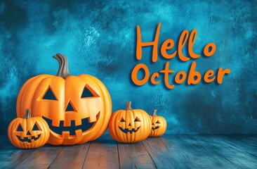 Halloween pumpkins and text with the words "Hello October" written on it, in a cartoon style, with an orange color theme Generative AI