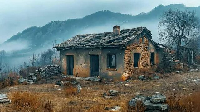 A deteriorating stone home is situated alone in a barren area.
