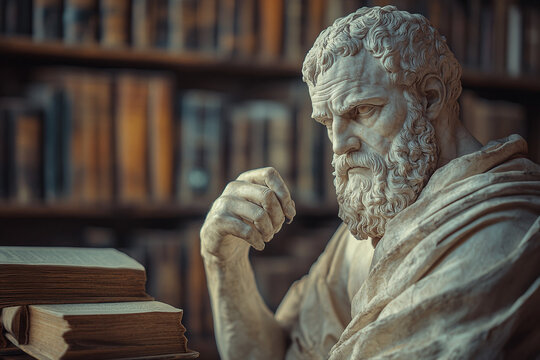 Philosopher Aristotle in his study, surrounded by scrolls and ancient texts