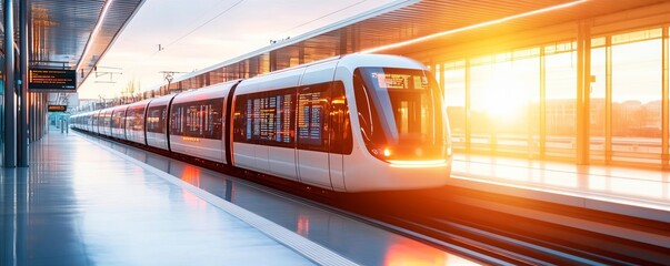 Fototapeta premium AI-operated tram depot, digital scheduling display, futuristic trains, morning light
