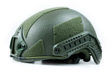 Green details military helmet a white background