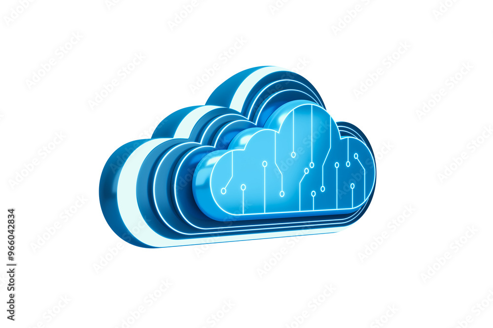 Aufkleber 3D blue cloud icon with a digital circuit pattern. Isolated on a white background. Concept of cloud computing and technology. 3D Rendering.