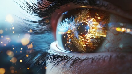 Photo of an eye with blood in the retina and a background of a digital eye data network and cyber security technology.