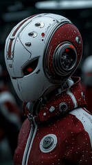 Futuristic Cyborg with Red and White Suit and Helmet