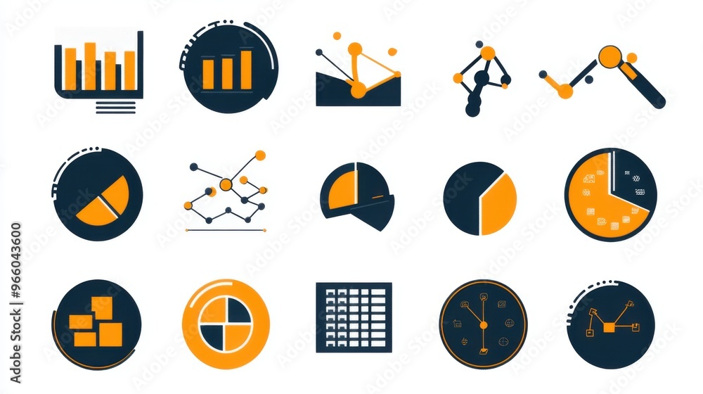 Poster set of duo-tone icons for data analysis in vector format: search