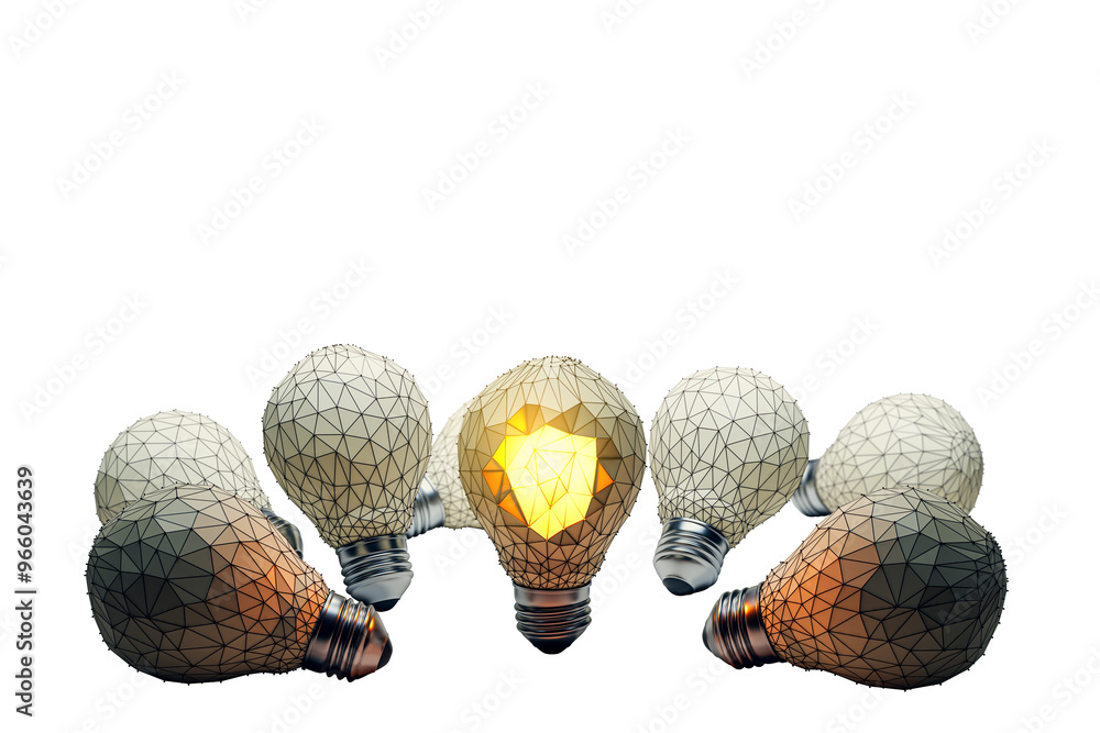 Poster Geometric light bulbs arranged in a semi-circle on a clean white background. One bulb glows brightly, creating a standout concept. 3D Rendering