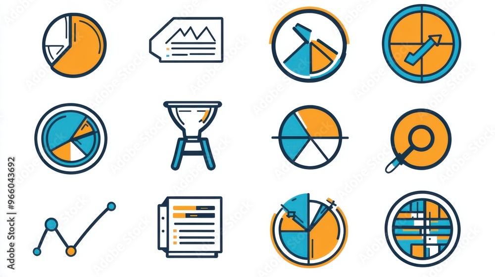 Poster set of duo-tone icons for data analysis in vector format: search