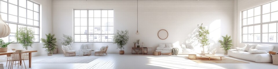 Fototapeta premium Luxurious Modern Living Space with White Panoramic View and Stylish Furniture