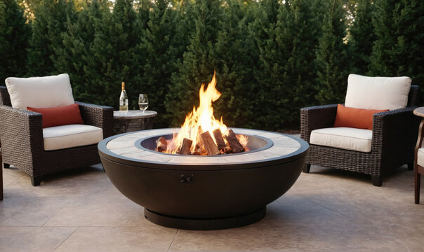 A fire pit burns brightly in a patio setting, surrounded by comfortable chairs and a side table with a glass of wine