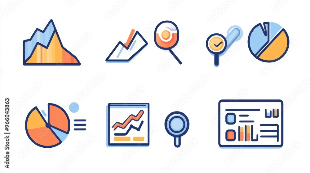 Poster set of duo-tone icons for data analysis in web design: search,