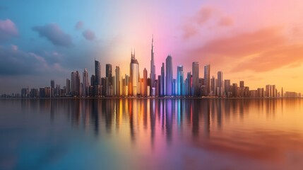 Obraz premium Modern city skyline reflected on calm water at sunset