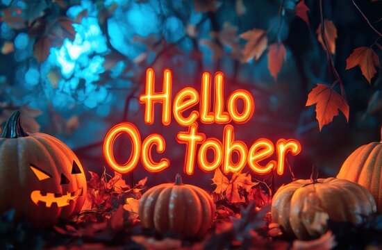 "Hello October" text is written in orange letters on an illuminated background with pumpkins and leaves creating a festive atmosphere for Halloween or the fall season Generative AI