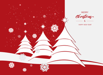 Greeting card or banner Merry Christmas and Happy New Year. Minimalist style. New Year's fir trees, snow, snowflakes, Jesus star on a white and red background