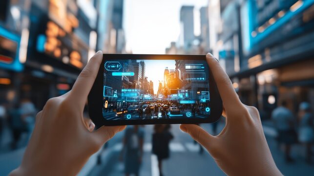 Augmented reality travel companion, smart city interface, busy street, midday sun