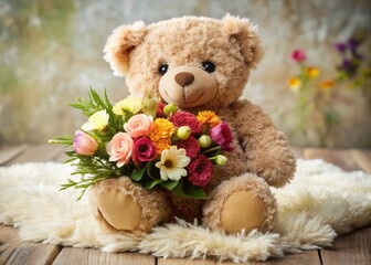 Obraz premium Adorable Teddy Bear Cradling A Delicate Floral Arrangement, Its Petals Blooming Vibrantly Against The Plush Fur.