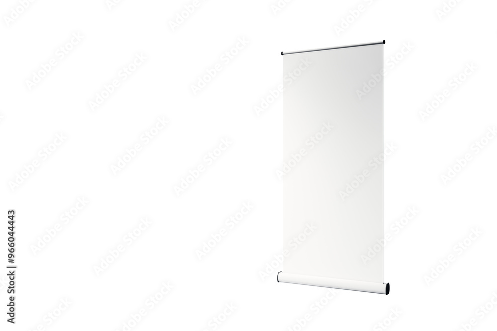 Poster blank roll-up stand isolated on a white background, used for mockups and advertising templates. 3d r