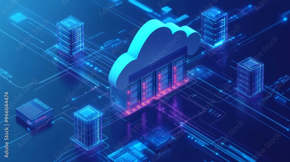 Poster a glowing blue cloud computing symbol hovers over a network of connected servers, representing data 