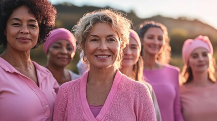 A diverse group of breast cancer survivors standing together in solidarity, wearing various shades of pink, with confident and strong expressions, set against a bright outdoor landscape, symbolizing