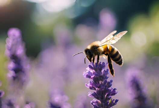 A honeybee gathering nectar from a vibrant lavender flower in a sunny garden during late springtime