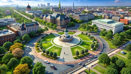 Aerial 3D illustration of a historic city square with iconic buildings, grassy knoll, and majestic memorial surrounded by roads and pedestrian walkways.