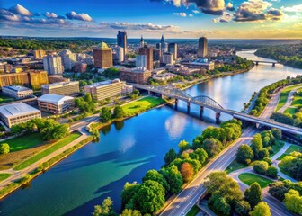 Aerial Cityscape Of Cityscape With Riverfront Buildings, Bridges, And Greenery Under A Blue Sky