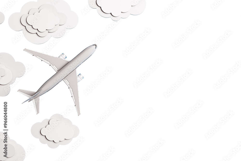 Aufkleber an airplane flying through layered paper clouds on a white background. clean and minimalistic design