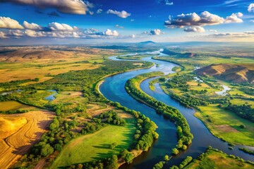 Aerial Shot Of Africa Showcasing The Winding Nile River And Lush Landscapes Of The Surrounding Terrain