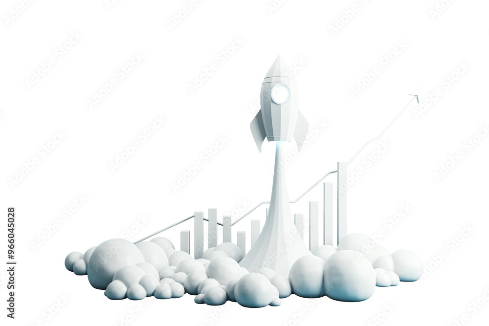 Poster Rocket launching with clouds and a bar graph rising to the sky, representing success and growth. 3D Rendering