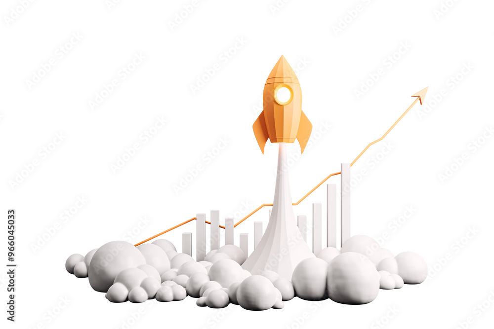 Poster orange rocket launching with rising graph, surrounded by white clouds on white background. concept o