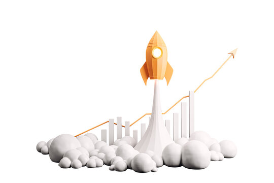 Orange rocket launching with rising graph, surrounded by white clouds on white background. Concept of growth and success. 3D Rendering