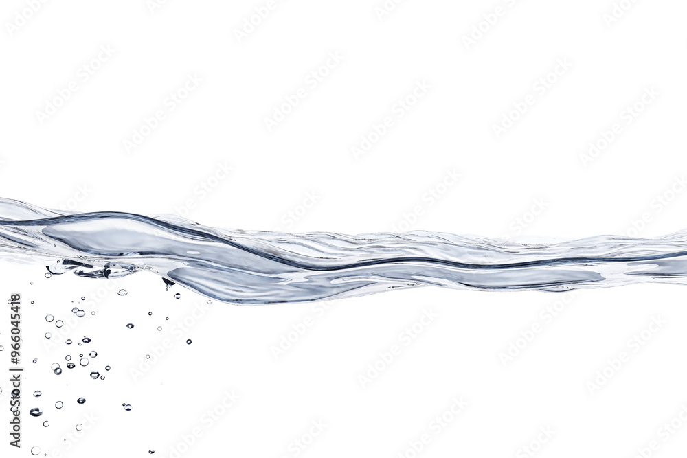 Poster flowing water with air bubbles shown in closeup on a clean white background. concept of freshness an