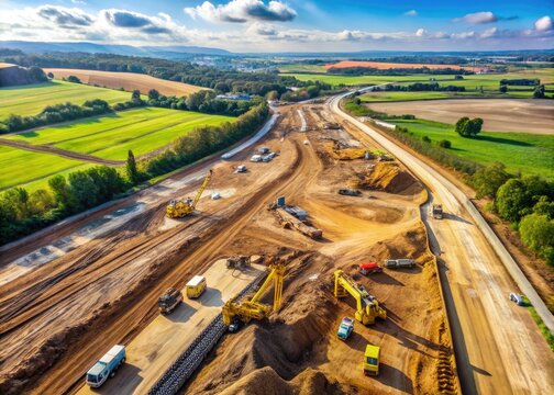 Aerial View Of A Large-Scale Civil Construction Project Featuring Heavy Machinery, Excavation, And Roadwork In A Rural Setting.
