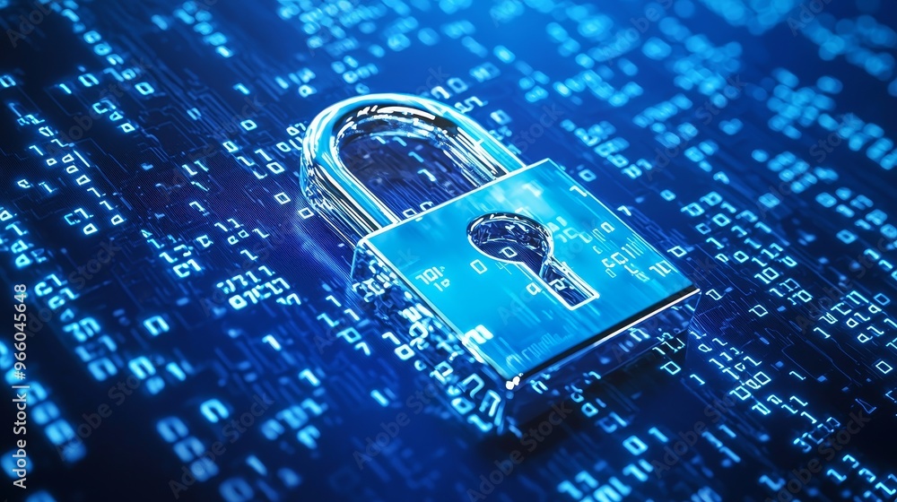 Aufkleber On a blue background with binary code, there is a digital padlock on abstract cyber security technology