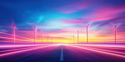 A vibrant landscape showcasing wind turbines against a colorful sunrise, symbolizing renewable energy and sustainability.