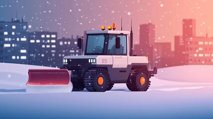 Autonomous snow plow, digital snow clearance route, winter urban setting, soft lighting