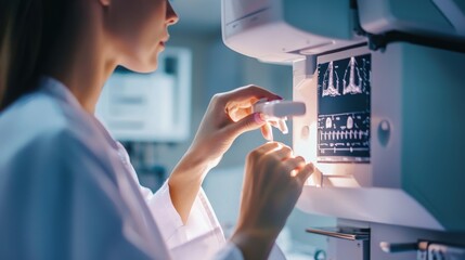 A close-up of a medical technician carefully adjusting a mammography machine preparing it for a patient the background is filled with advanced medical equipment and soft lighting creating a clinical